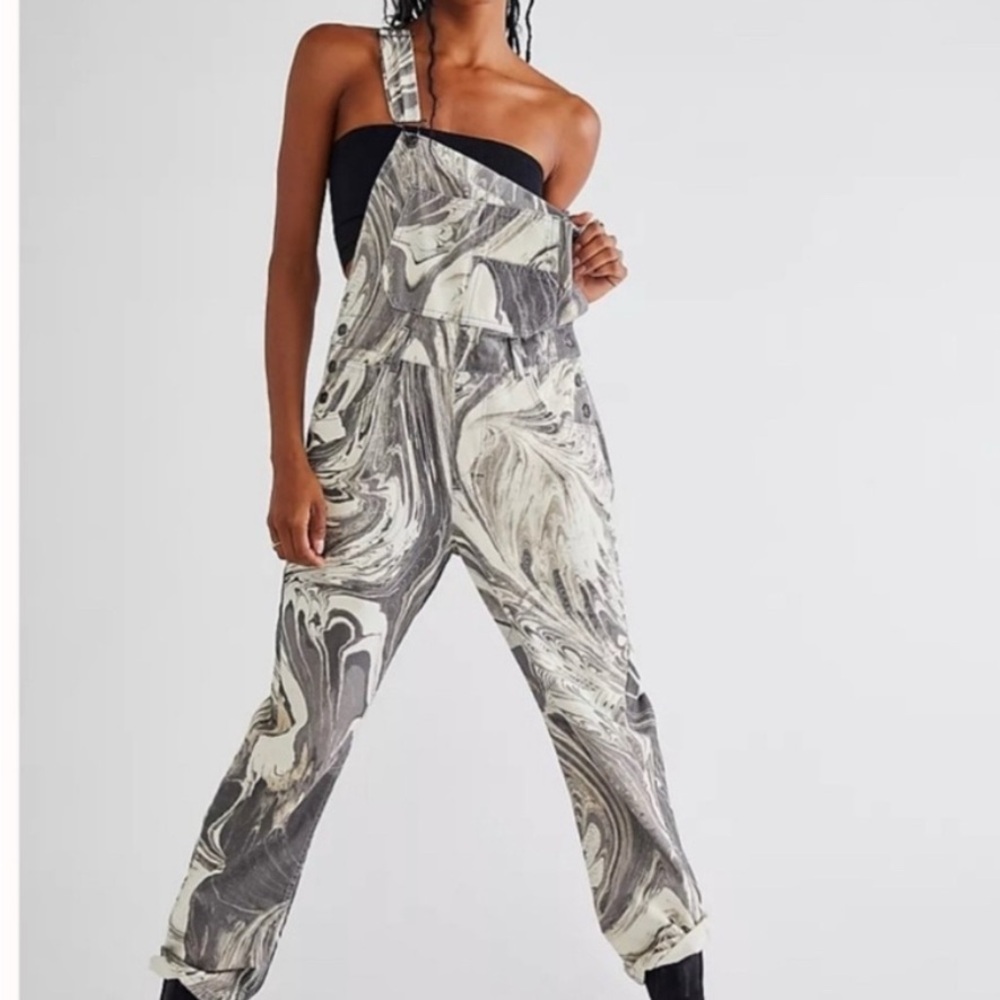 Free People Black and White Swirl Jeans Overalls